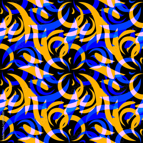 Fototapeta Naklejka Na Ścianę i Meble -  Vector pattern of mustard and blue doodles and curls in floral o