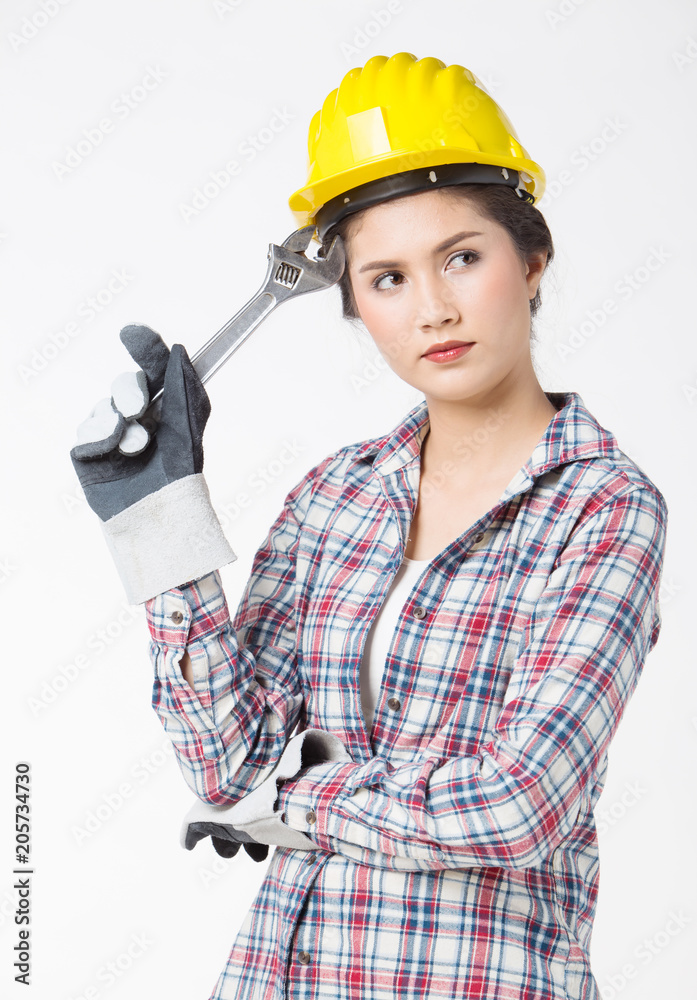 Industrial worker woman . Isolated over white background Industrial worker woman . Isolated over white background