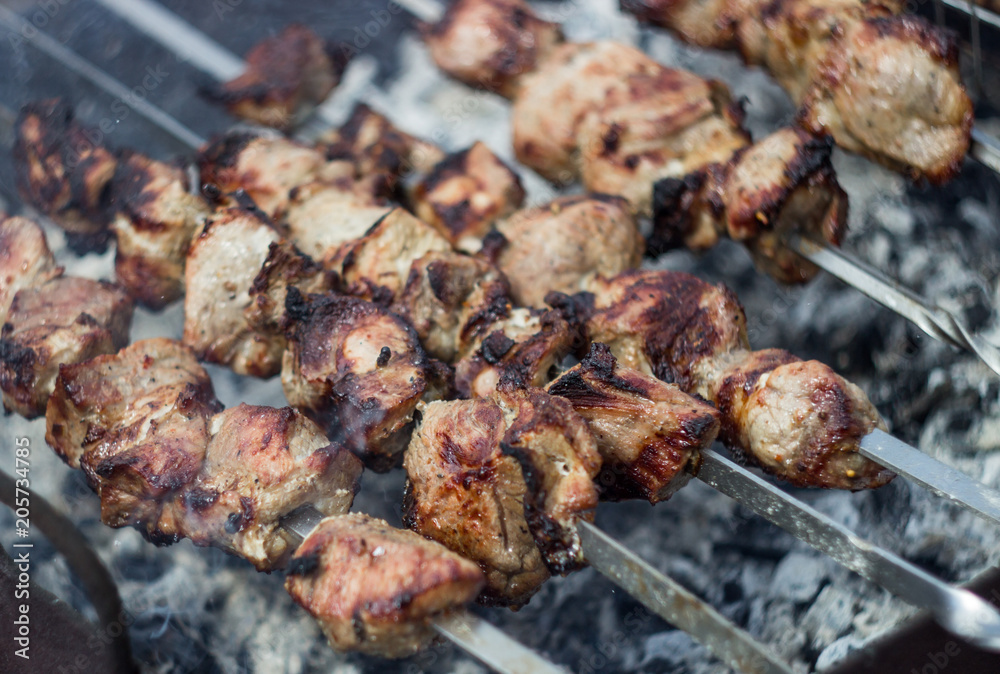 fried meat on charcoal, shish kebab