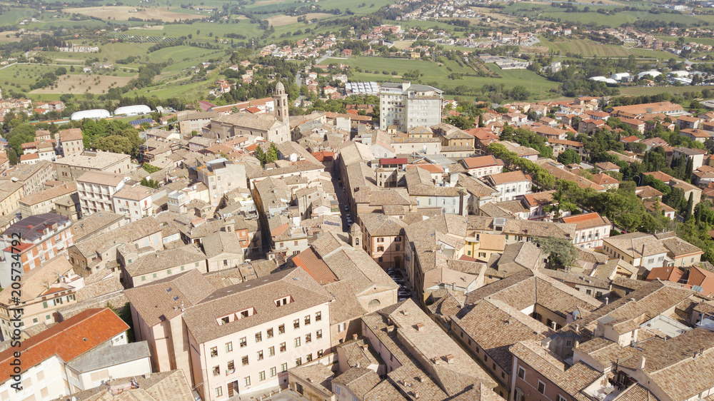 Aerial view of the municipality of Osimo, in the province of Ancona, in the Marche region, in Italy. The historic center, located on the highest hill of the city, called Gòmero, is a mountain tourist.