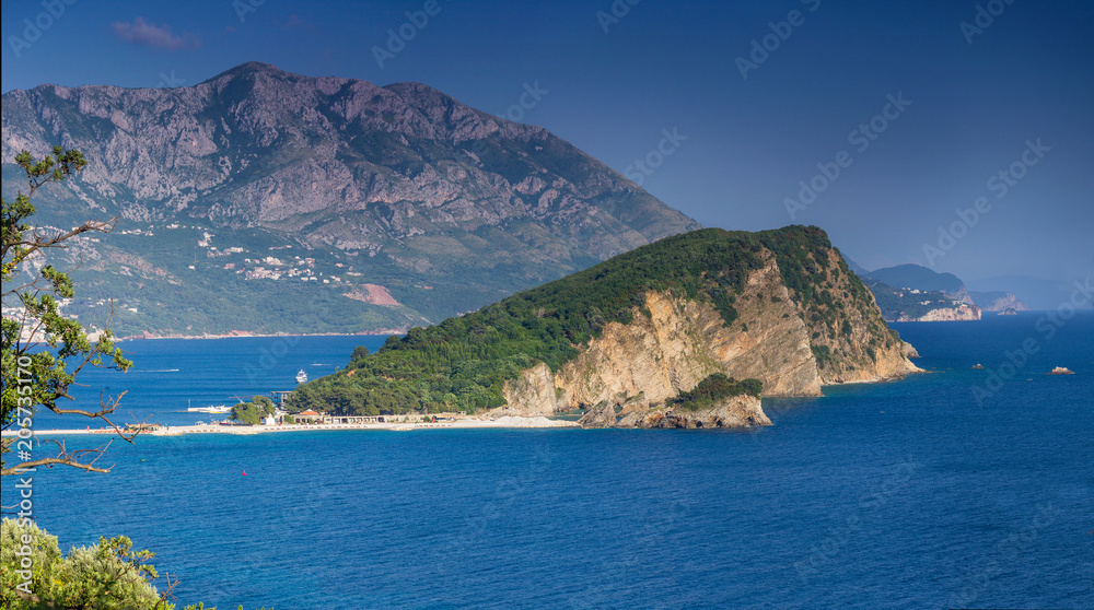 Panoramic landscape of Sveti Nikola island and budva riviera. Montenegro, Adriatic sea, Europe.