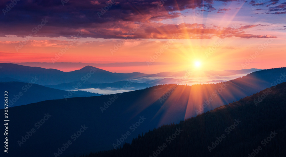 Naklejka premium Panoramiczny widok kolorowy wschód słońca w górach. Pojęcie przebudzenia dzikiej przyrody, romansu, emocjonalnego przeżycia w duszy, radości w codziennym życiu.