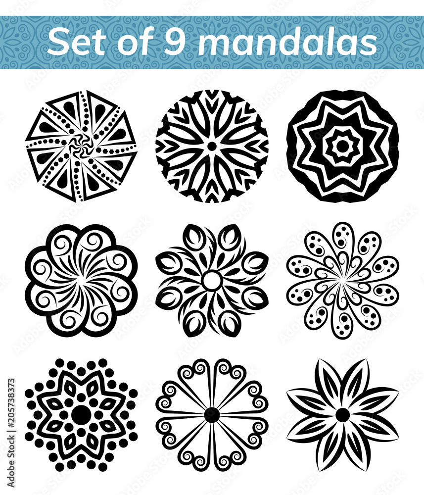 Logo templates for spa and yoga center. Mandala set. Indian antistress medallion. Collection of relax symbols. Abstract henna flower icon Logo templates for spa and yoga center. Mandala set. Indian antistress medallion. Collection of relax symbols. Abstract henna flower icon