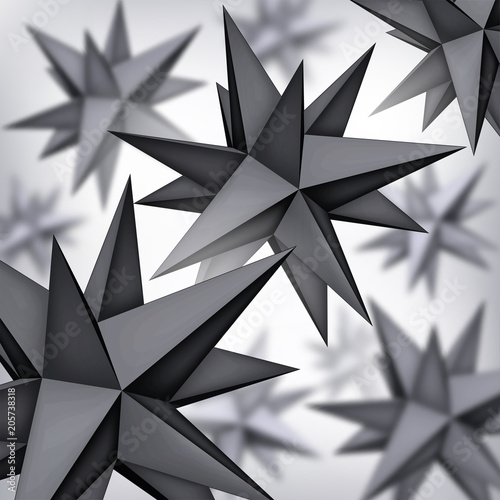 Volume polyhedron black stars, 3d blurred objects, geometry shapes, mesh version, dark origami crystals, abstract vector elements background
