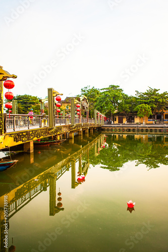 HOI AN, QUANG NAM, VIETNAM, April 26th, 2018: Hoi an ancient town on a early morning with lantern on Hoai river photo