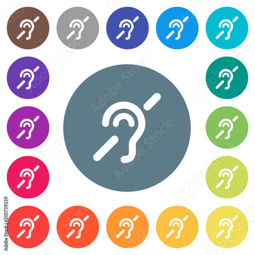 Hearing impaired flat white icons on round color backgrounds