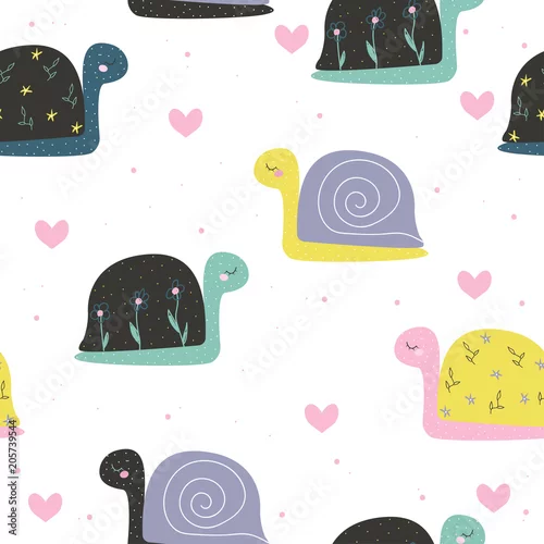 Tapety Śliczny mały ślimaczek bezszwowy wzór. Modny nadruk dla dzieci. Wektorowa ręka rysująca ilustracja.