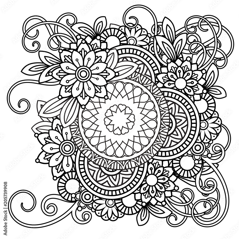 Adult coloring page with flowers pattern. Black and white doodle wreath