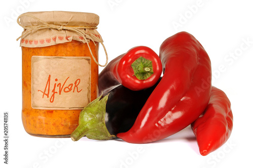 Ajvar - delicious dish of red and green peppers, onions, garlic, eggplant. Ajvar in jar.