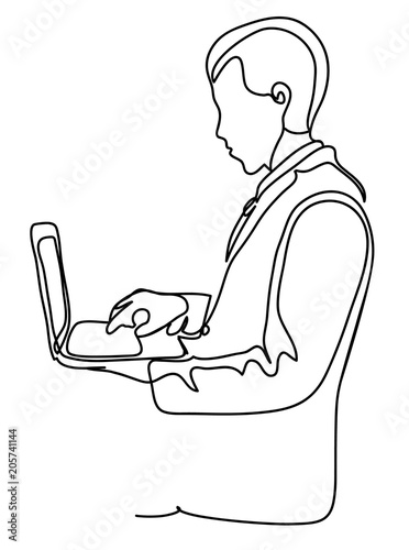 Successful businessman in suit stands sideways, holding laptop at hands. Business concept illustration. Continuous line drawing. Isolated on the white background. Vector illustration monochrome