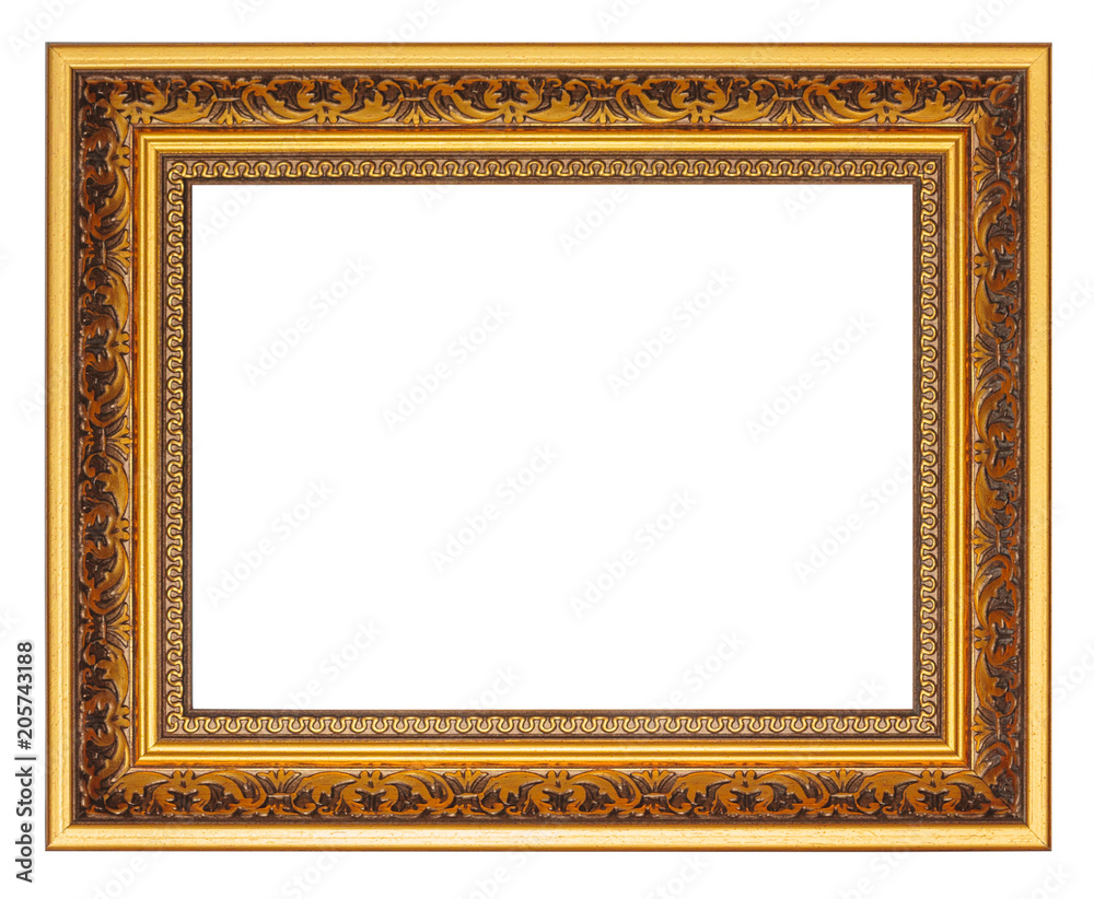 Golden picture frame with carved pattern isolated on a white background Golden picture frame with carved pattern isolated on a white background