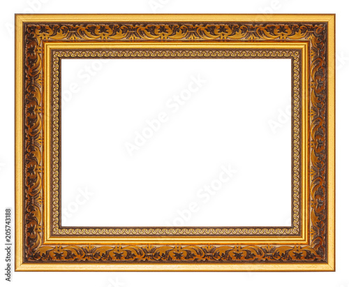 Golden picture frame with carved pattern isolated on a white background