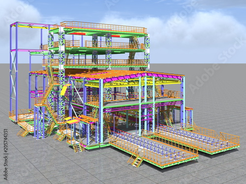 3D rendering of a model of a building construction structure made of metal structures. 3D engineering project. Architectural, engineering and construction background.