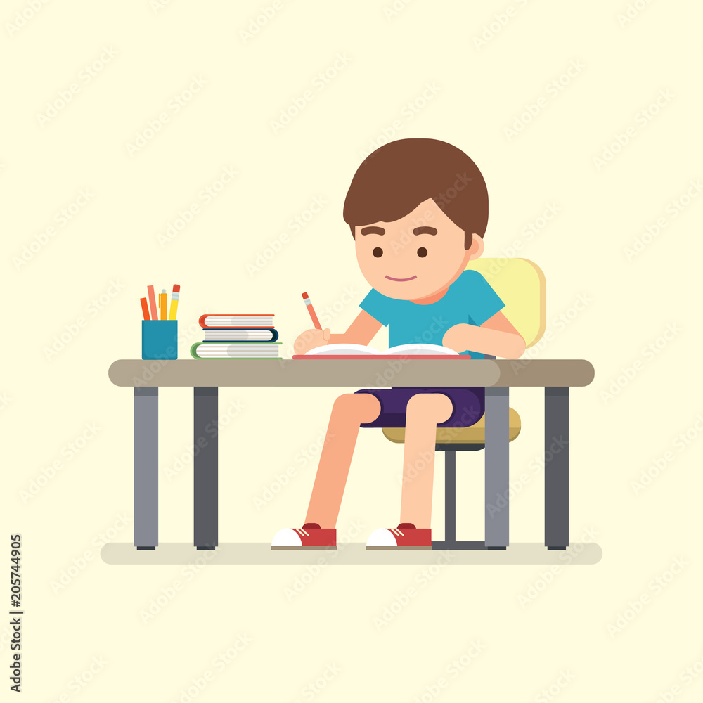 Happy cute school boy writing for homework, Study concept, Vector illustration.