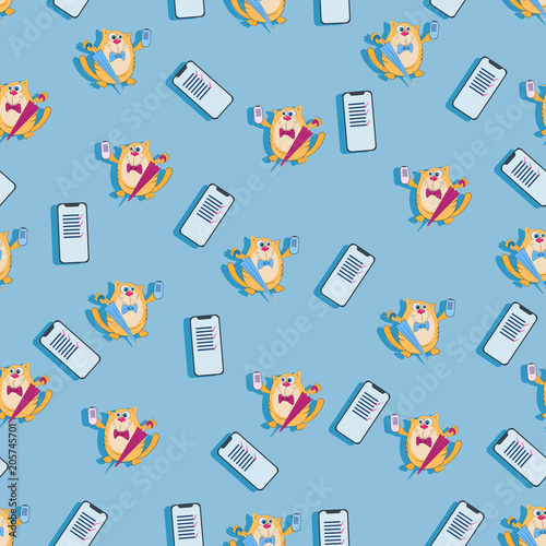 Funny cat with an umbrella and a mobile phone. Seamless pattern. Design for smartphone covers, image for textiles, wrapping paper.