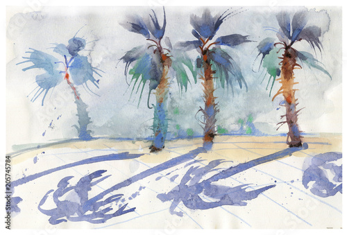 Obraz na płótnie Nasyp, palmy, akwarela