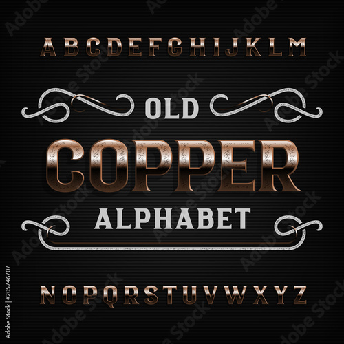Old copper alphabet font. Vintage scratched metal letters. Stock vector typeface for your design.