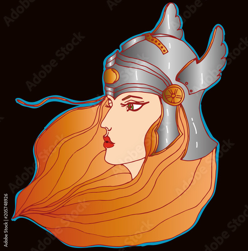 Vector redheaded warrior-girl in battle helmet on black background. 
