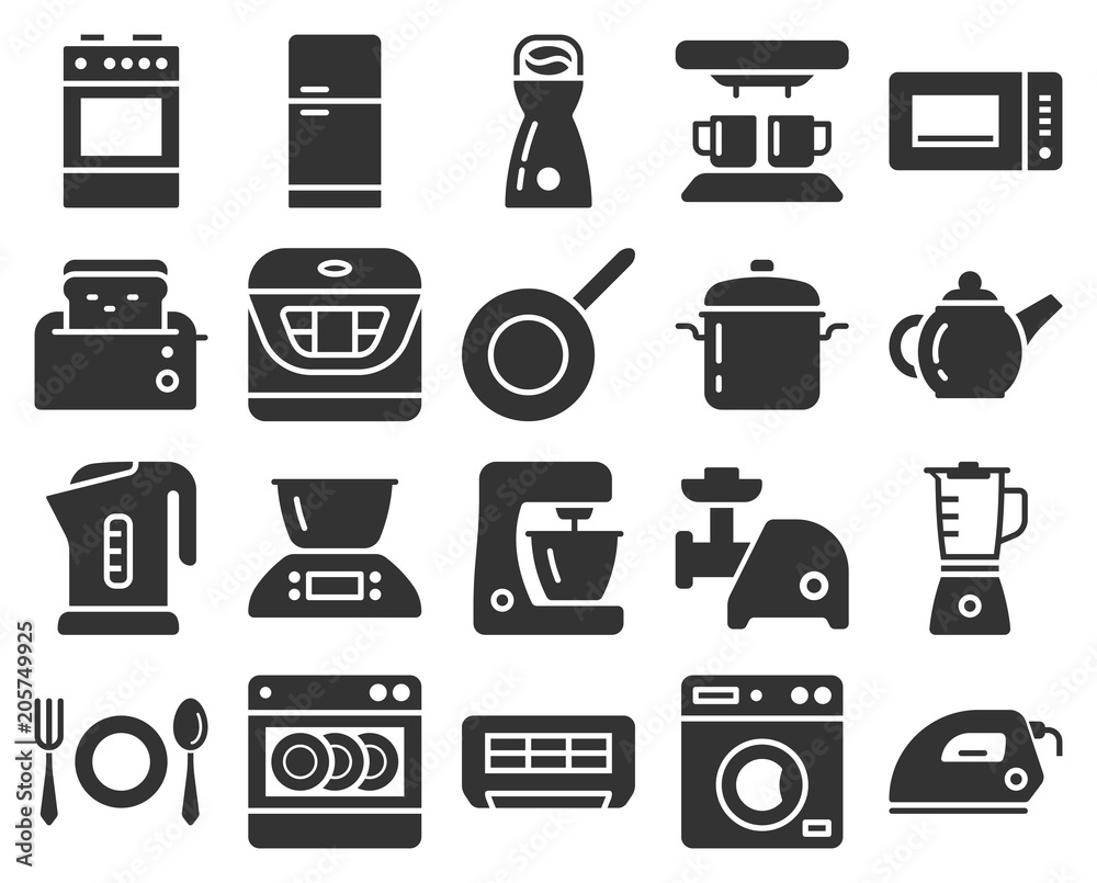 Monochromatic icons set of some kitchen utensils and home appliances Monochromatic icons set of some kitchen utensils and home appliances