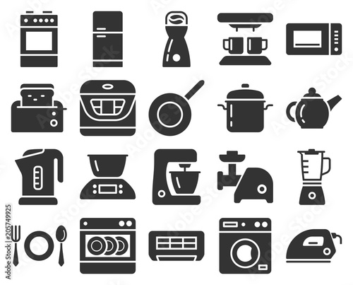 Monochromatic icons set of some kitchen utensils and home appliances