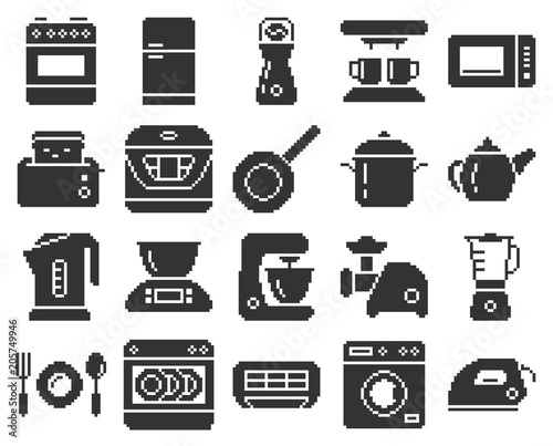 Monochromatic pixel icons set of some kitchen utensils and home appliances