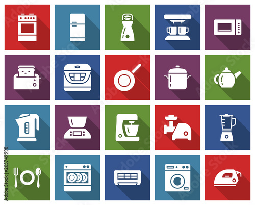Square icons set of some kitchen utensils and home appliances with long shadow
