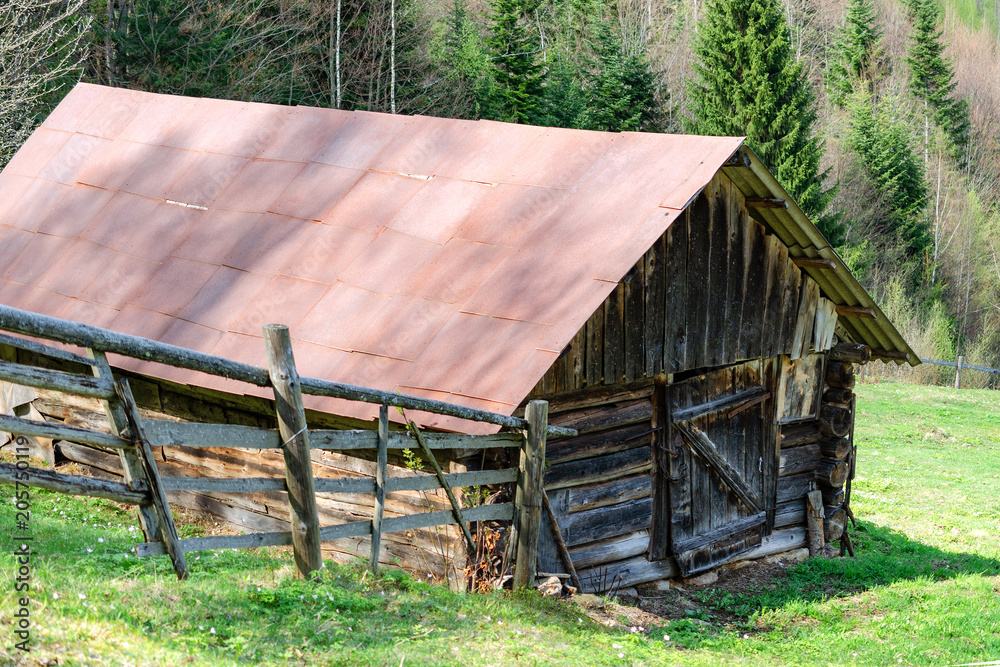 Old-fashioned wooden barn on the outskirts of the forest. Among the Carpathian mountains in Ukraine. Outdoors.