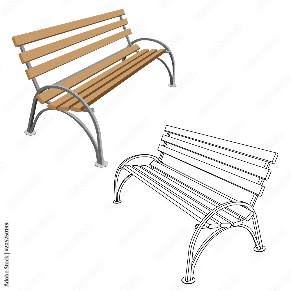 Park bench, wooden with decorative elements of iron. Isolated element.  Drawing. Vector illustration. Stock Vector | Adobe Stock