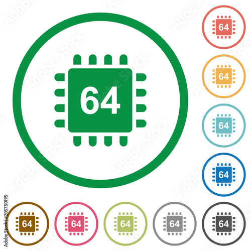 Microprocessor 64 bit architecture flat icons with outlines