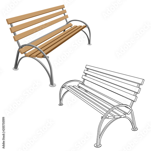 Park bench, wooden with decorative elements of iron. Isolated element. Drawing. Vector illustration.