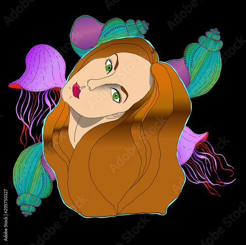 Cute girl illustration on black background with jellyfishes and shells. Colored lady with brown long hair.