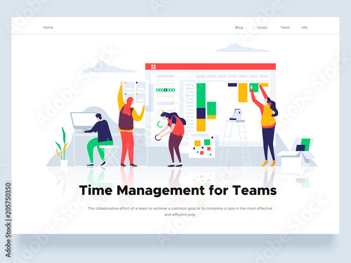 People build a dashboard and interact with graphs. Time management and office situations. Landing page template. Vector illustration. © Formfrom.design
