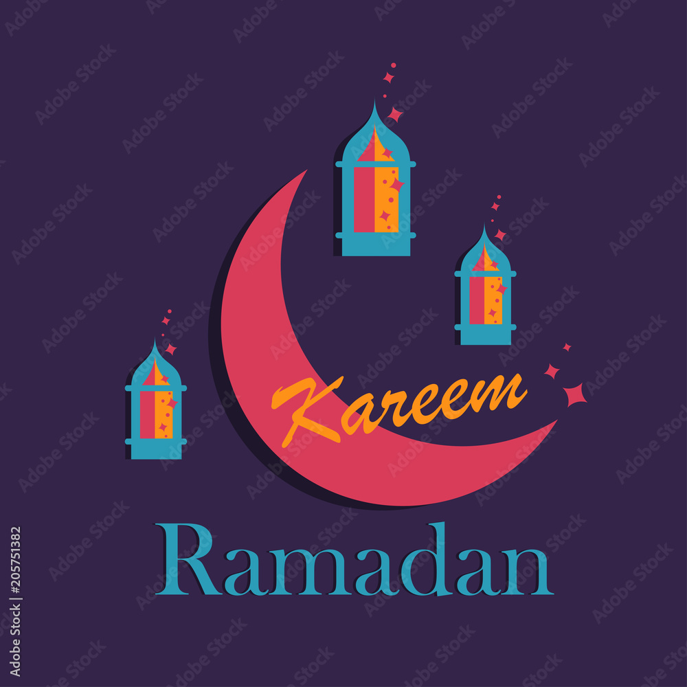 Hand-drawn Illustration of Ramadan lanterns with lights, Crescent on a purple background with Ramadan Kareem greeting text.