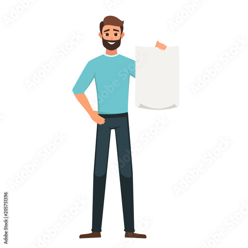 Cartoon Arab man character holding a blank sheet of paper. Vector illustration isolated from white
