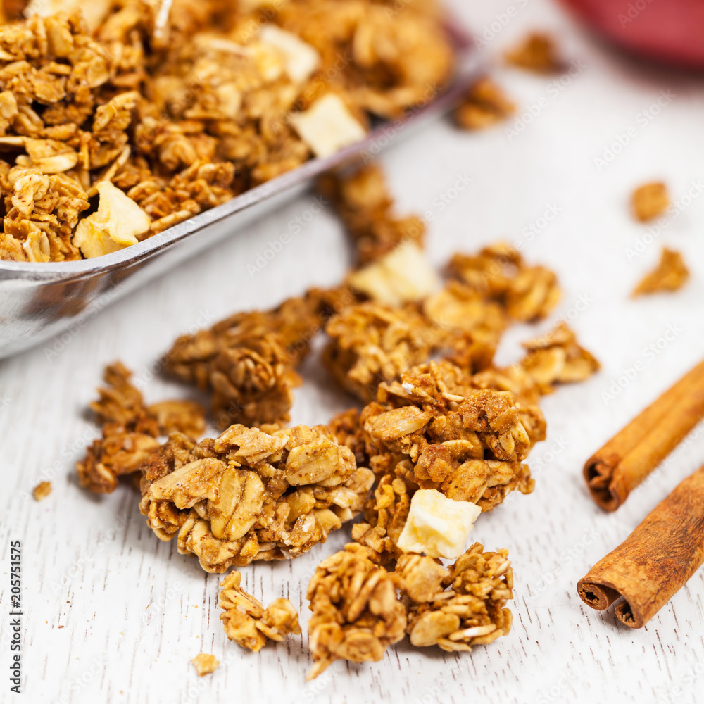 Apple Cinnamon Granola Breakfast. Selective focus. Apple Cinnamon Granola Breakfast. Selective focus.