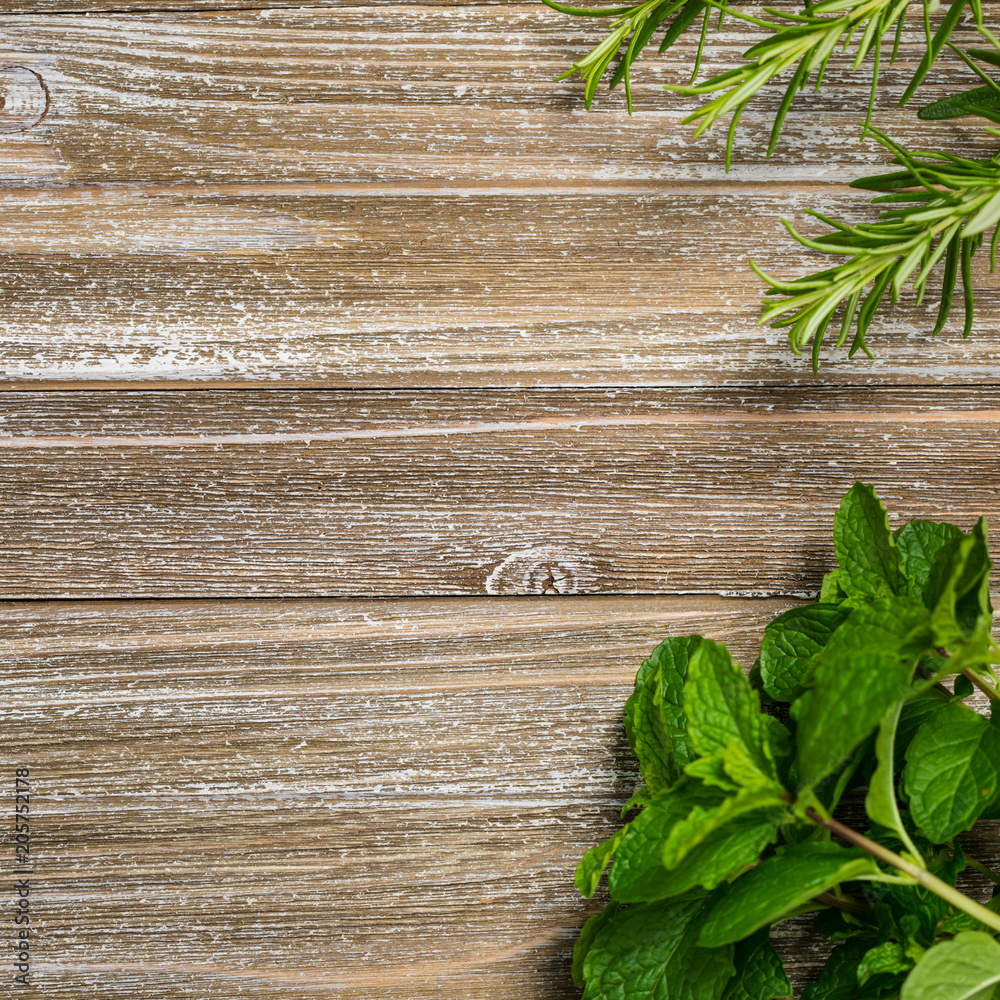 Fresh garden herbs on wooden table. Top view with copy space. Selective focus on the wooden table. Fresh garden herbs on wooden table. Top view with copy space. Selective focus on the wooden table.
