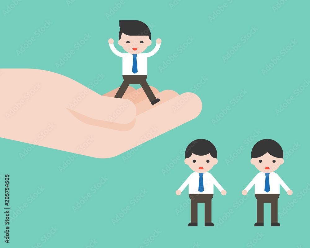 Happy Business man on big hand, let another businessman upset on floor, work promotion and competition concept Happy Business man on big hand, let another businessman upset on floor, work promotion and competition concept