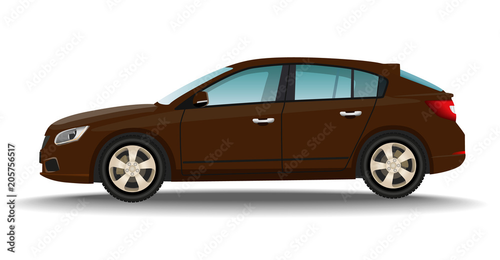 Hatchback red car on white background. Luxury vehicle. Realistic automobile side view. Personal transport concept.