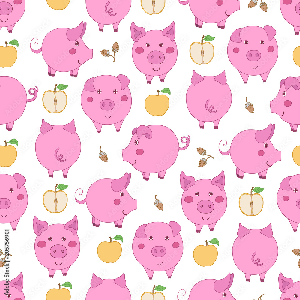 Obraz premium Seamless pattern with cartoon pink pigs, yellow apples and acorns on white background.