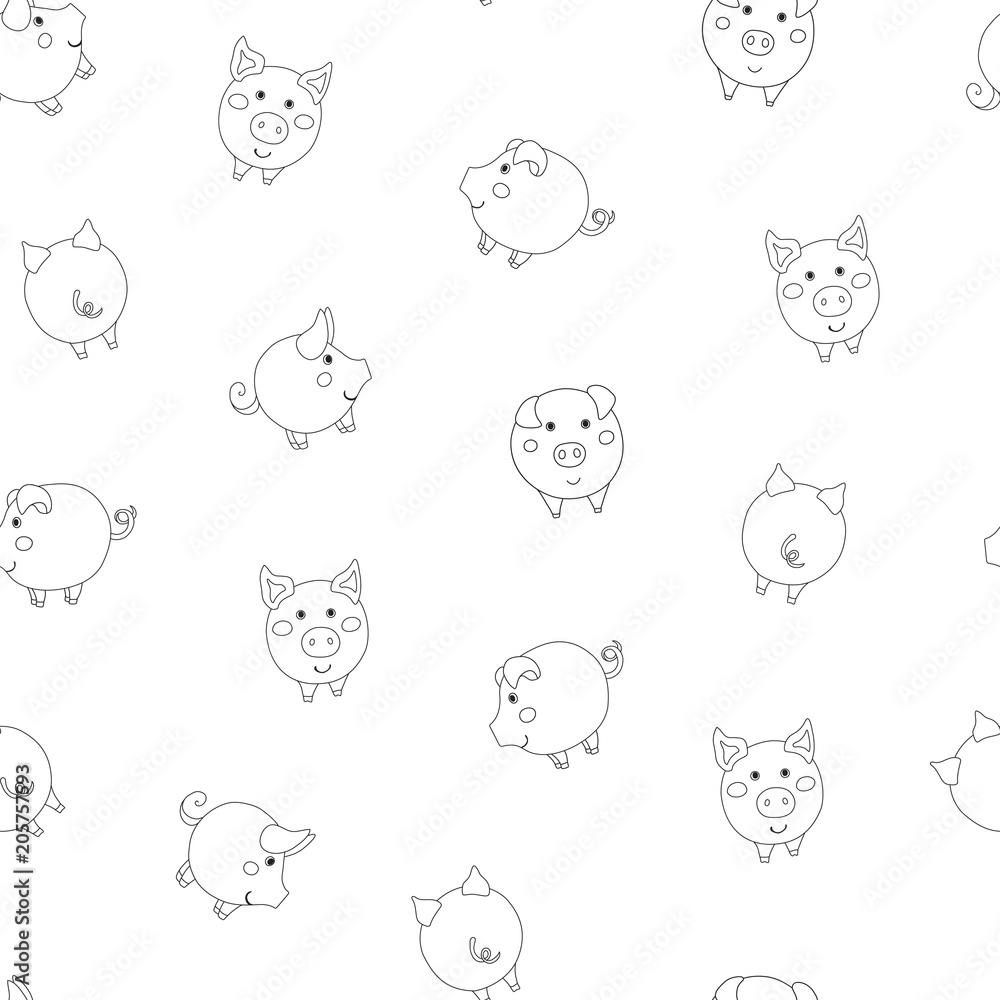 Seamless pattern with cute cartoon small contour pigs on white background.