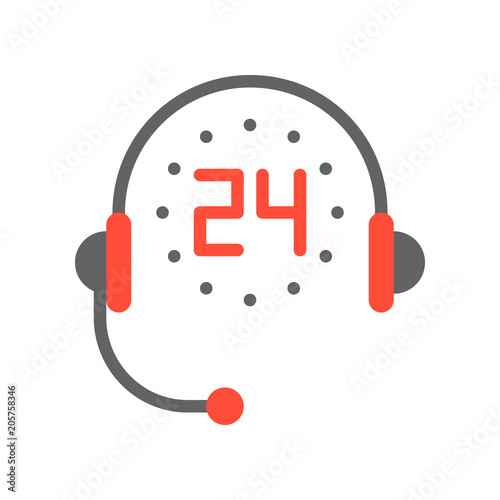 Headphone and 24 hours helpline service, Flat icon communication concept