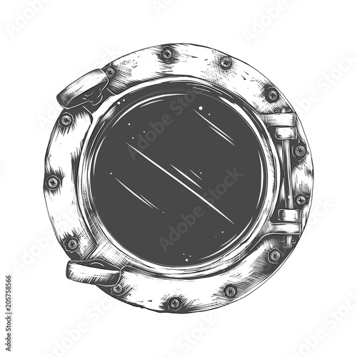 Vector illustration of metal porthole with  glass isolated on white background. Rivets mount