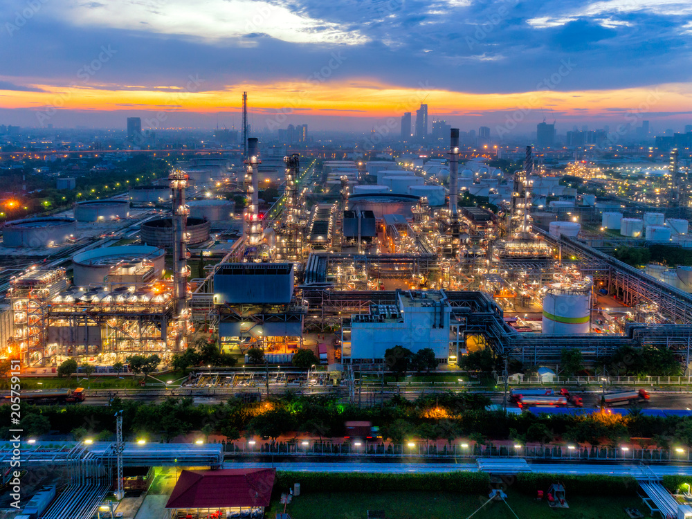 Obraz premium Aerial view of Oil refinery industry at sunrise, Oil refinery plant at Bangkok Thailand