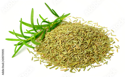 dried rosemary leaves with fresh rosemary isolated on white