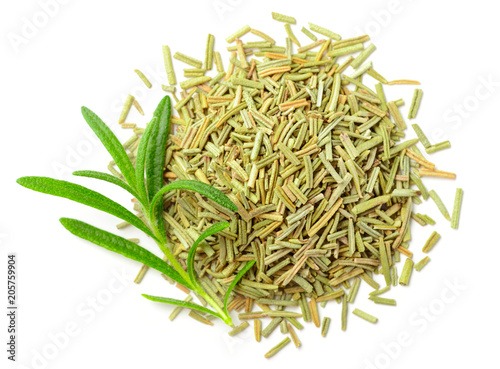 dried rosemary leaves with fresh rosemary isolated on white, top view