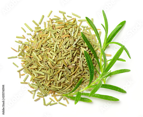 dried rosemary leaves with fresh rosemary isolated on white, top view