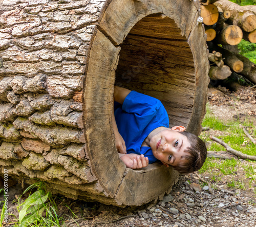 Cute cheerful smiling boy child inside hollow tree trunk. Concept: Waldorf school, happy childhood