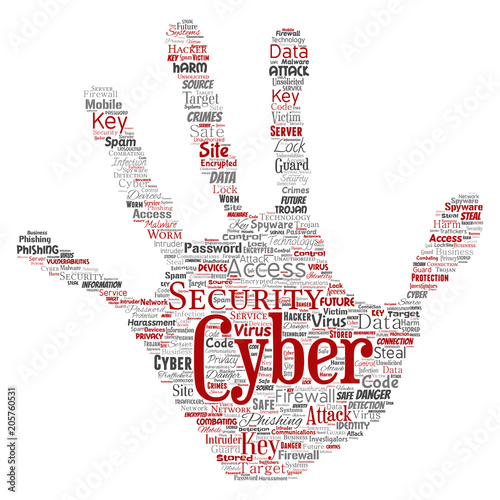 Vector conceptual cyber security online access technology hand print stamp word cloud isolated background. Collage of phishing, key virus, data attack, crime, firewall password, harm, spam protection