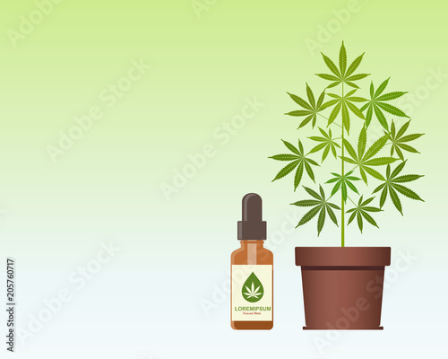 Marijuana plant and dropper with CBD oil. Cannabis Oil. Medical marijuana. CBD oil hemp products. Bottle mock up. Packaging product label and logo graphic template. Vector illustration with copy space