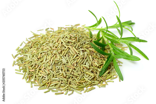 dried rosemary leaves with fresh rosemary isolated on white